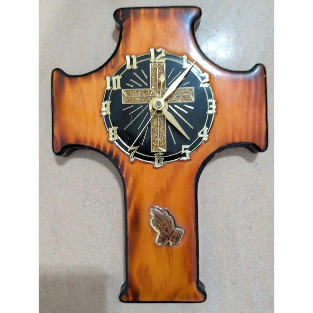 Vintage Religious Wood Cross Wall Clock Praying Hands Lacquered Plaque Works